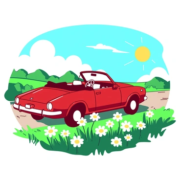 A convertible car cruising through a field of daisies on a sunny Easter morning