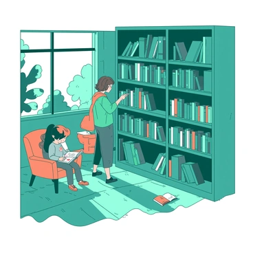 A teal quaint bookstore features tall wooden shelves filled with various books. The shelves stretch up towards the ceiling, and there are people of different ages browsing through the books. One person is standing close to the shelves, gently pulling out a book, while another person is seated on a comfortable orange chair, reading a book. Soft light filters through vintage-style windows, illuminating the dusty air filled with the scent of old paper. The wooden floor creaks slightly underfoot as a child excitedly points to a colorful book on a nearby shelf.