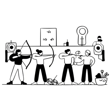 A group of friends practicing archery together at a local club, with equipment scattered around