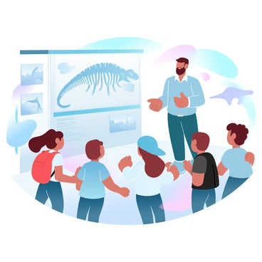 A tour guide, wearing a neat uniform, is standing next to a large dinosaur fossil on display. The fossil, with intricate bone structures, is set in a well-lit exhibit area surrounded by informative plaques. A group of children, visibly excited, are gathered around the guide, listening intently. Each child has a different outfit: one is wearing a bright red backpack, another has a blue cap, and a third is holding a small toy dinosaur. The background features colorful graphics of prehistoric landscapes and other dinosaur silhouettes on the walls.