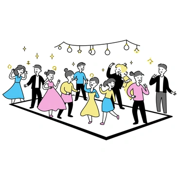 A rectangular dance floor filled with guests dancing enthusiastically. The guests are wearing a variety of colorful outfits, with some in dresses and others in suits. Bright, sparkling lights are suspended above them, illuminating the scene. Some guests are mid-twirl, while others are striking poses, all showcasing their joy. The surface of the dance floor has a glossy finish that reflects the lights, adding to the vibrant atmosphere.