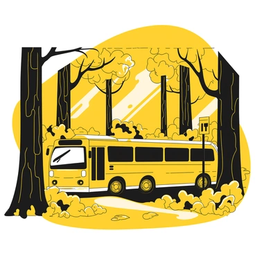 A bus with a sleek design and distinct yellow color is stopped at a bus stop surrounded by tall, dense trees. The bus is parked on a narrow path that leads deeper into the forest. Lush green foliage envelops the stop, and the ground is covered with fallen leaves. A small wooden bus stop sign stands nearby, partially obscured by branches and foliage. The sun filters through the tree canopy, creating dappled shadows on the ground.