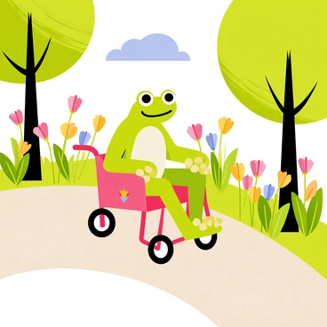 A determined green frog with expressive eyes sits confidently in a bright red wheelchair. The wheelchair is adorned with colorful stickers and has small wheels rolling smoothly along a winding path. Surrounding the frog, the park is filled with vibrant flowers in shades of pink, yellow, and blue. Tall trees with lush green leaves provide shade, while a clear blue sky overhead adds to the cheerful atmosphere. A few butterflies flutter nearby, adding to the lively scene as the frog maneuvers skillfully through the park.