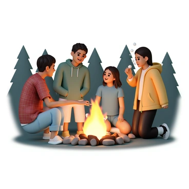 A group of four friends is gathered around a brightly glowing campfire. One friend, wearing a red plaid shirt and jeans, is holding a long stick with a marshmallow roasting over the flames. Another friend, dressed in a green hoodie and cargo shorts, is leaning forward, animatedly sharing a story. The third friend, wearing a blue t-shirt and denim shorts, is laughing with her head thrown back. The fourth friend, in a yellow jacket and black pants, is toasting a marshmallow while listening intently. The warm light of the fire illuminates their faces, while the dark silhouette of trees surrounds them in the background.