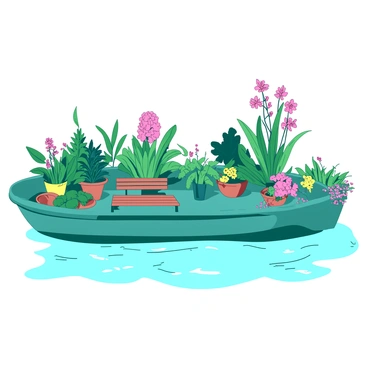 A teal barge floats gently on the water, transformed into a vibrant garden filled with a variety of lush green plants and colorful flowers. The barge is surrounded by blooming pink and yellow flowers that spill over the edges, creating a cascading effect. Several large potted plants are arranged neatly on the deck, showcasing an array of greens and tropical foliage. A small wooden bench sits at one end of the barge, offering a tranquil spot to enjoy the view. The scene is bathed in natural light, highlighting the rich colors of the plants and the sunlit water surrounding the barge.