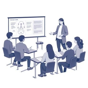 A group of teenagers gathered in a classroom setting, attentively listening to a speaker at the front. The speaker is presenting information about "protection plans in Canada" using a projector. The teenagers are sitting at desks, taking notes, and asking questions. A whiteboard in the background displays key points and diagrams related to the topic. Some teenagers are interacting with each other, discussing ideas and sharing thoughts. The atmosphere appears focused and engaged, reflecting their interest in learning about important community topics.