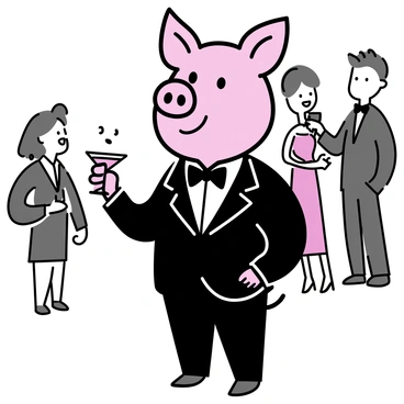 A pig with a smooth pink complexion, wearing a tailored black suit and a crisp white dress shirt. The pig has sleek, well-groomed ears and a stylish bow tie that adds a touch of elegance. It is standing confidently with a small cocktail glass in its hoof, surrounded by elegantly dressed guests at a formal event. The lighting is soft and highlights the pig's sophisticated demeanor.