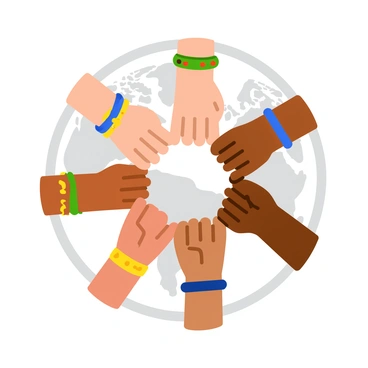 Multiple hands of diverse skin tones reaching towards each other, forming a circle as they shake hands. The hands are shown in varying sizes, representing different ages and cultures, with intricate jewelry and accessories adorning some of the wrists. The background features a subtle globe outline, emphasizing the theme of global collaboration. Each handshake is depicted with a sense of warmth and unity, highlighting the connection among the different cultures.