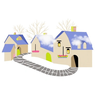 A winding cobblestone path with gray stones meanders through a village shrouded in mist. The village features quaint, small cottages with thatched roofs and colorful flower boxes under the windows. Wisps of fog curl around the buildings, partially obscuring their details. Lanterns with warm, glowing light hang from the eaves, casting soft illumination on the path. Silhouettes of trees can be seen in the background, their branches slightly swaying in a gentle breeze.