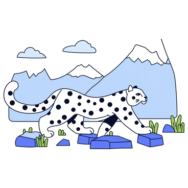 A snow leopard with thick, white fur covered in dark rosettes is walking gracefully across rocky terrain. The animal has piercing blue eyes and a long tail that helps with balance. In the background, there are rugged mountains capped with snow, and patches of sparse green vegetation are scattered around the rocky landscape. The sky is clear with a few fluffy clouds, enhancing the serene atmosphere of the scene.