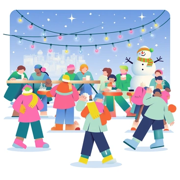 A vibrant winter festival is taking place under a starlit sky filled with twinkling stars. In the foreground, groups of people are gathered around wooden tables, holding steaming mugs of hot drinks. Some individuals are wearing colorful winter coats, scarves, and hats, while others are dancing to live music coming from a nearby stage. Twinkling lights are strung across the area, illuminating the scene. Snowflakes gently fall from the sky, landing on the ground and on the colorful decorations that adorn the festival. In the background, a large snowman is decorated with a hat and a scarf, adding a festive touch to the winter atmosphere.