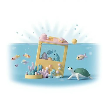 A gacha machine, designed to resemble a coral reef, is partially submerged in clear blue water. The machine is bright and colorful, with details such as shells and small coral formations adorning its exterior. Various aquatic-themed toys, such as fish, octopuses, and mermaids, are visible inside the transparent section of the machine. Surrounding the machine, a school of vibrant tropical fish swims by, while a curious sea turtle lingers nearby, peering at the toys. In the background, a few bubbles rise to the surface, and shafts of sunlight penetrate the water, illuminating the scene.