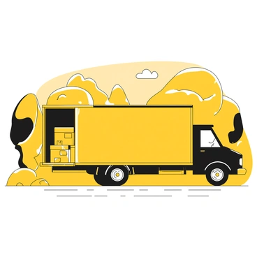 A large moving truck parked on a driveway, its back doors open revealing cardboard boxes stacked neatly inside. The truck is painted in a dark color, contrasting with the surrounding environment. In the background, a calm lake stretches out, reflecting the sky above. Lush green trees line the edges of the lake, with a few scattered rocks along the shore. A gentle breeze creates small ripples on the water's surface. A stretch of pavement leads from the truck towards the lake, adding depth to the scene.