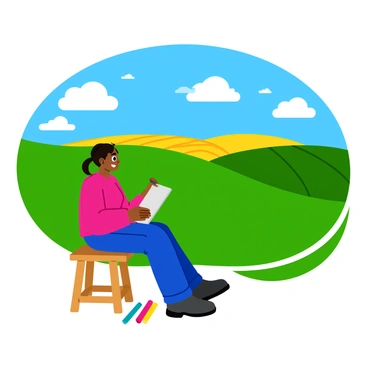 An artist sitting on a wooden stool is sketching the scene before them. The artist has a sketchpad on their lap and is focused on the bright green rolling hills that stretch across the horizon. In the distance, there are patches of golden farmland with neatly arranged rows of crops. The sky above is a vibrant blue with fluffy white clouds scattered throughout. The artist's collection of colored pencils lies beside them, and they are capturing the intricate details of this picturesque landscape.