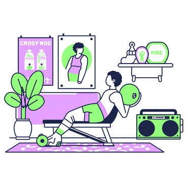A home gym scene set in the 1980s features a person performing a bench press. The individual is wearing a sleeveless shirt and high-waisted shorts with visible knee socks. The bench press is in the center of the room, adorned with colorful weights. Surrounding the scene, the walls are decorated with bright posters featuring fitness models and motivational quotes. On the floor, a patterned exercise mat adds to the retro vibe. In the background, a large boombox is positioned near a potted plant, contributing to the era's aesthetic.