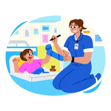A cheerful nurse with short brown hair is kneeling beside a hospital bed. She is wearing blue scrubs and has a warm smile on her face. In her hand, she holds a black marker, poised to draw. The patient, a young child with a bright blue cast on their arm, watches eagerly. The cast features a simple design with a smiling face, and the nurse is adding the finishing touches. The hospital room is decorated with colorful posters, and a small teddy bear sits on the bed next to the patient.