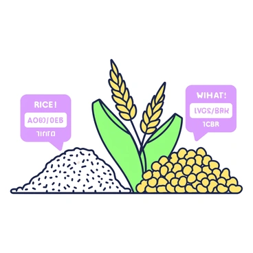 An illustration featuring a variety of cereal grains arranged in a visually appealing manner. On the left, there is a mound of rice grains, each grain distinct in shape with a subtle sheen. Next to the rice, a pile of golden wheat stalks stands upright, showcasing the grains nestled among the blades. To the right, there is a vibrant heap of corn kernels, plump and yellow, glistening slightly in the light. Above each grain type, there are clear labels that read “rice”, “wheat”, and “corn”, showcasing their carbohydrate content with numerical values below. The background is simple, allowing the focus to remain on the different cereal grains.