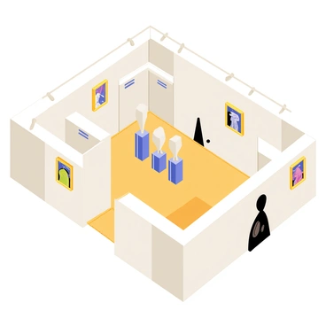 A sophisticated art gallery maze featuring elegant white walls and polished wooden floors. The maze consists of various corridors with paintings framed in gold and silver hanging at eye level. Each painting showcases vivid colors and intricate details. In the center of the maze, a collection of contemporary sculptures is displayed on pedestals, featuring abstract shapes and smooth, polished surfaces. Soft track lighting highlights the artworks, creating an inviting atmosphere for visitors exploring the gallery.