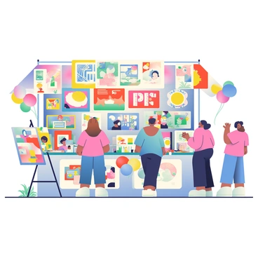 A vibrant booth at an illustration festival is filled with colorful banners fluttering in the breeze. The banners feature bold designs and eye-catching graphics. Surrounding the booth are numerous art prints displayed on easels and hanging from the sides, showcasing a variety of styles and themes. A table in front is covered with art supplies, such as markers and sketchbooks, inviting festival-goers to create their own illustrations. Brightly colored balloons are tied to the booth, adding an additional festive touch to the scene. The atmosphere is lively, with people browsing the artwork and engaging with the artists present.