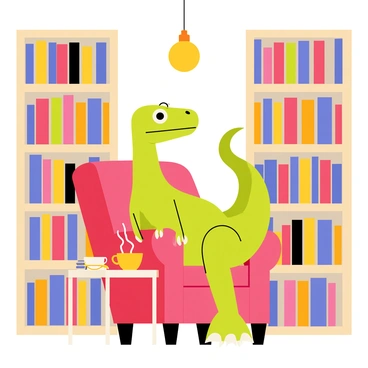 A raptor with bright green scales and sharp claws is sitting in a plush red armchair. The raptor has a pensive expression, its head slightly tilted with large, curious eyes looking off into the distance. Surrounding the armchair are tall wooden bookshelves filled with an array of colorful books. A small table beside the armchair holds a steaming cup of tea and a pair of reading glasses. A warm light bulb hangs overhead, casting a soft glow over the scene, highlighting the raptor's contemplative mood.