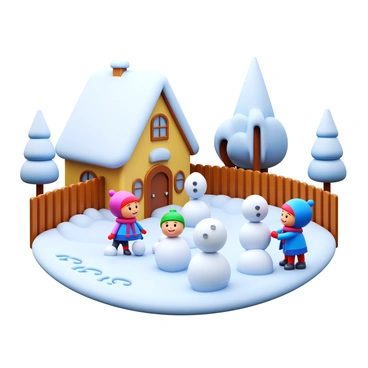 A quaint village scene covered in snow, with children building snowmen in the yard.