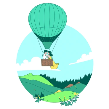 A teal gas balloon is floating gracefully in the sky, carrying a couple seated in a wicker basket. The couple is holding each other closely, with the man wearing a white shirt and the woman in a flowing yellow dress. Below them, a picturesque countryside unfolds, featuring rolling green hills and patches of blooming wildflowers. The sky is painted with soft wisps of white clouds, creating a tranquil atmosphere. The sunlight casts a warm glow over the landscape, enhancing the romantic setting of their ride.