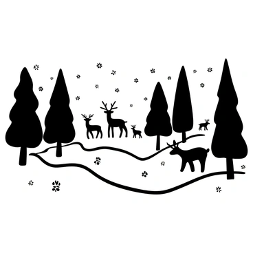 A snowy forest landscape with tall trees covered in snow. Several deer are seen grazing peacefully in the background among the trees. Snowflakes are falling gently from the sky, creating a soft blanket on the ground. In the foreground, there are patches of untouched snow with small animal tracks.