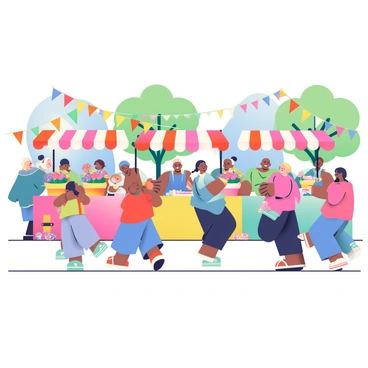 A vibrant festival scene is depicted with a variety of colorful stalls. People of diverse backgrounds are gathered together, engaging in the exchange of goods such as "brightly colored flowers" that are arranged in baskets and "assorted sweets" displayed on tables. Some individuals are smiling and laughing while interacting, with children running around excitedly. Colorful banners and decorations hang above the stalls, adding to the festive atmosphere. In the background, there are trees with "green leaves" and a clear blue sky, contributing to the lively environment.