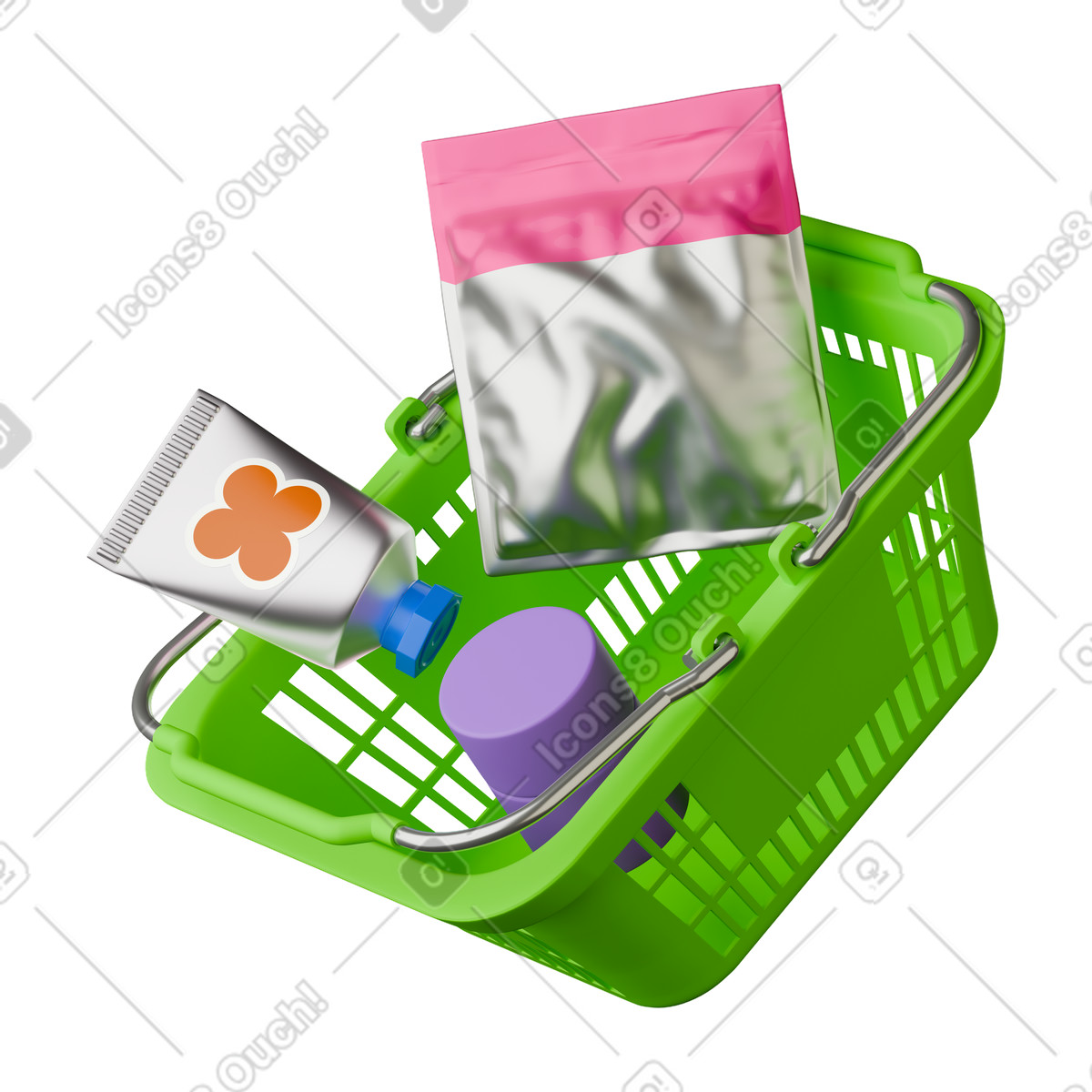 Green basket with products illustration in 3D Stickle style download in PNG, SVG