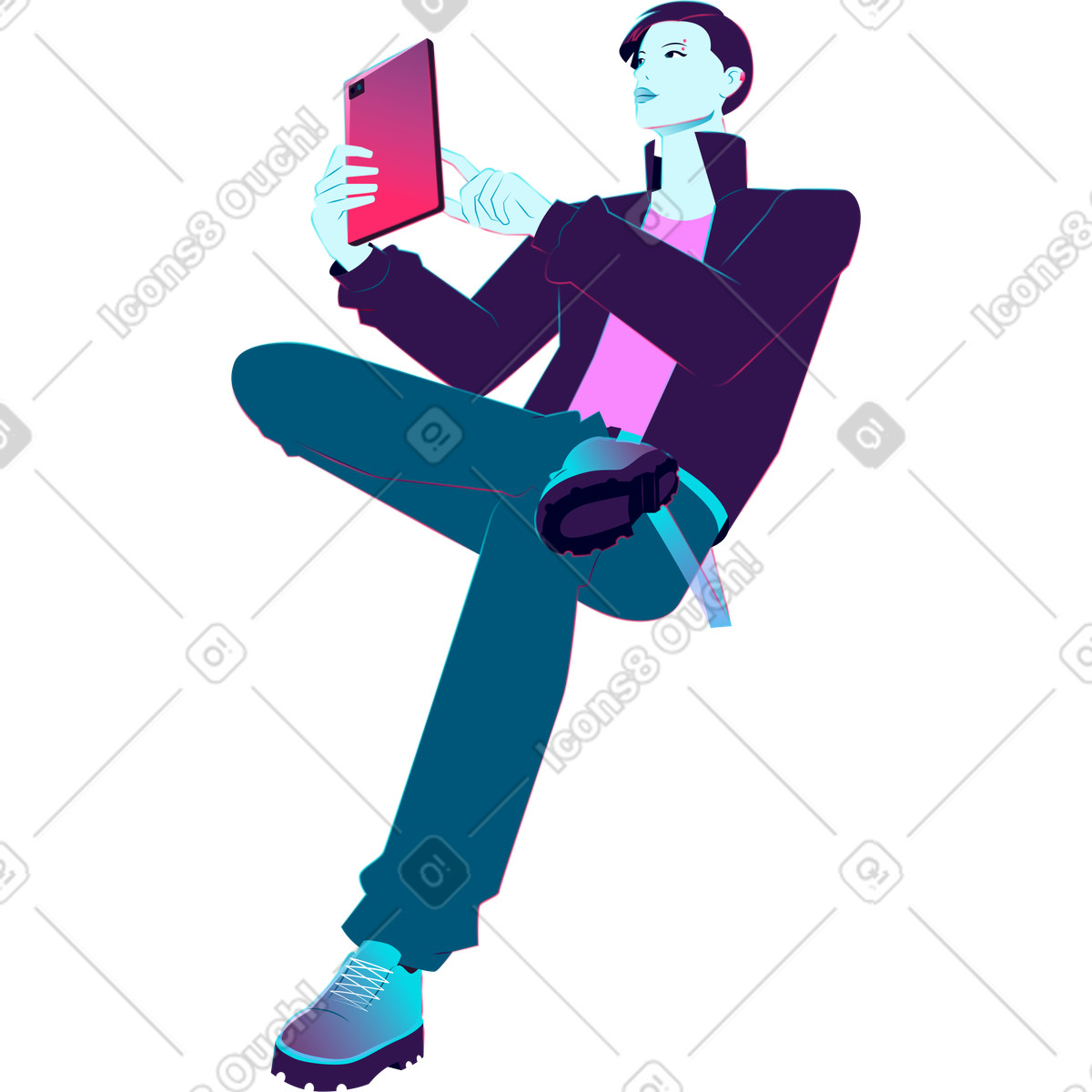 Giovane seduto con gadget illustrazione in stile Neon scarica in PNG, SVG