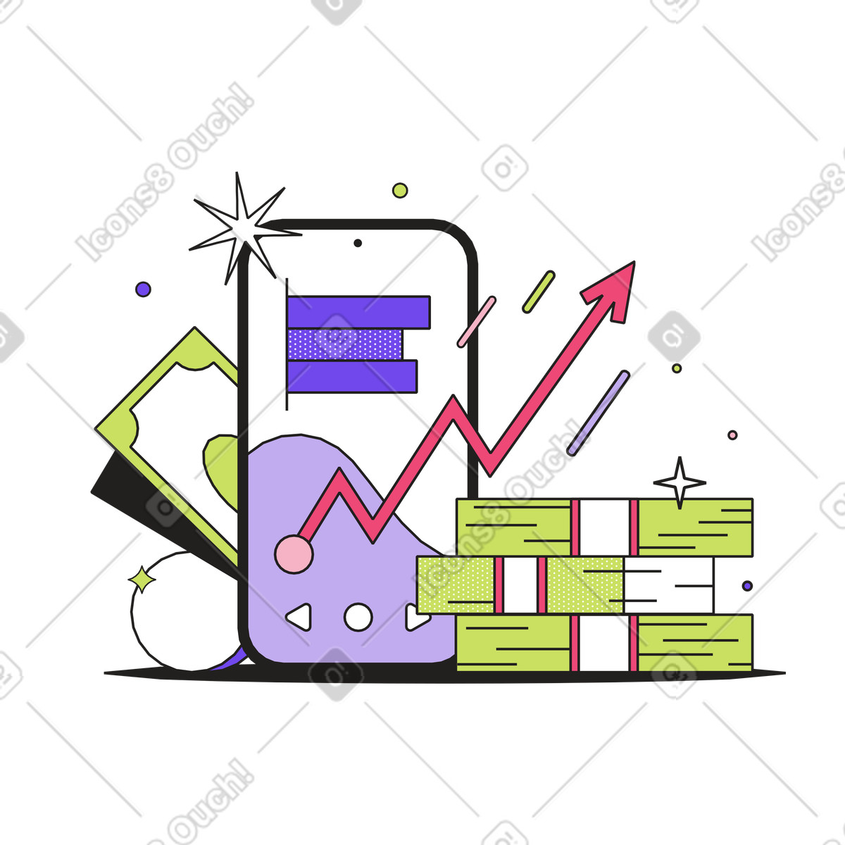 Smartphone with financial analytics showing income, Personal finance monitoring interface animated illustration in Dazzle style download in GIF, Lottie (JSON), AE