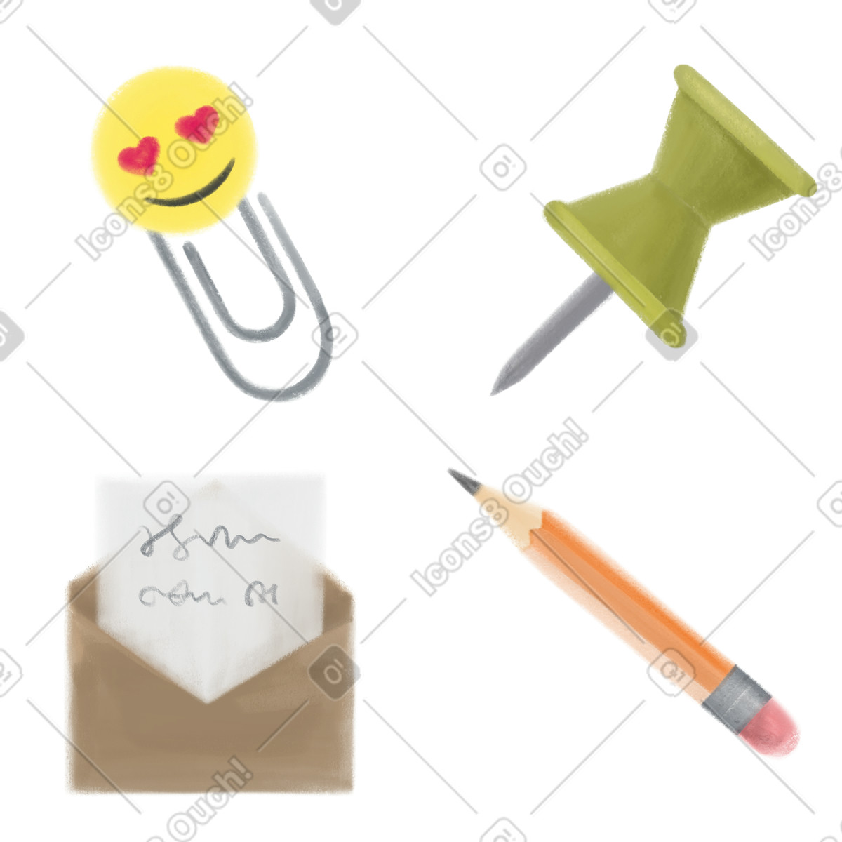 Ilustración Material de oficina: clip, alfiler, carta y lápiz. en estilo Mushy a descargar en PNG SVG
