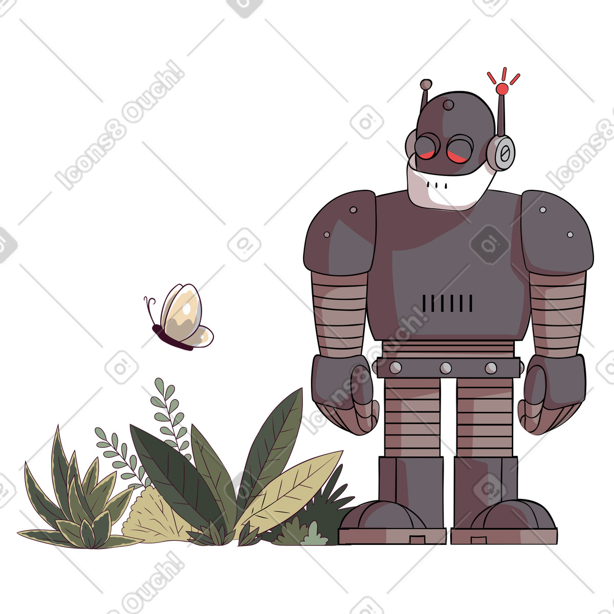 Robot che guarda una farfalla illustrazione in stile Eastwood scarica in PNG, SVG