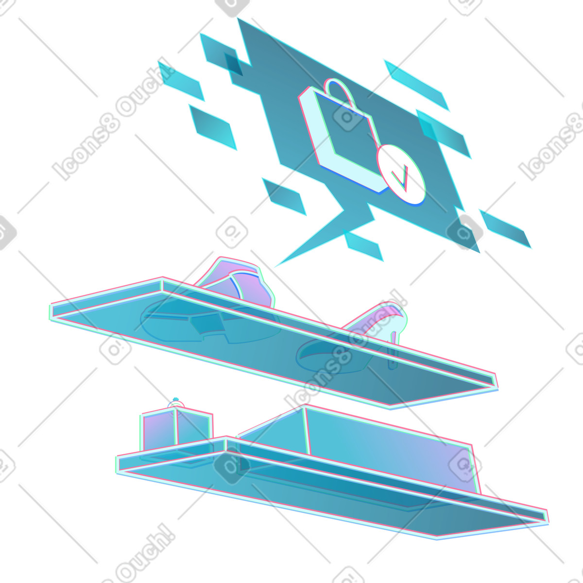 Store items with digital purchase notification, Successful internet shopping illustration in Neon style download in PNG, SVG