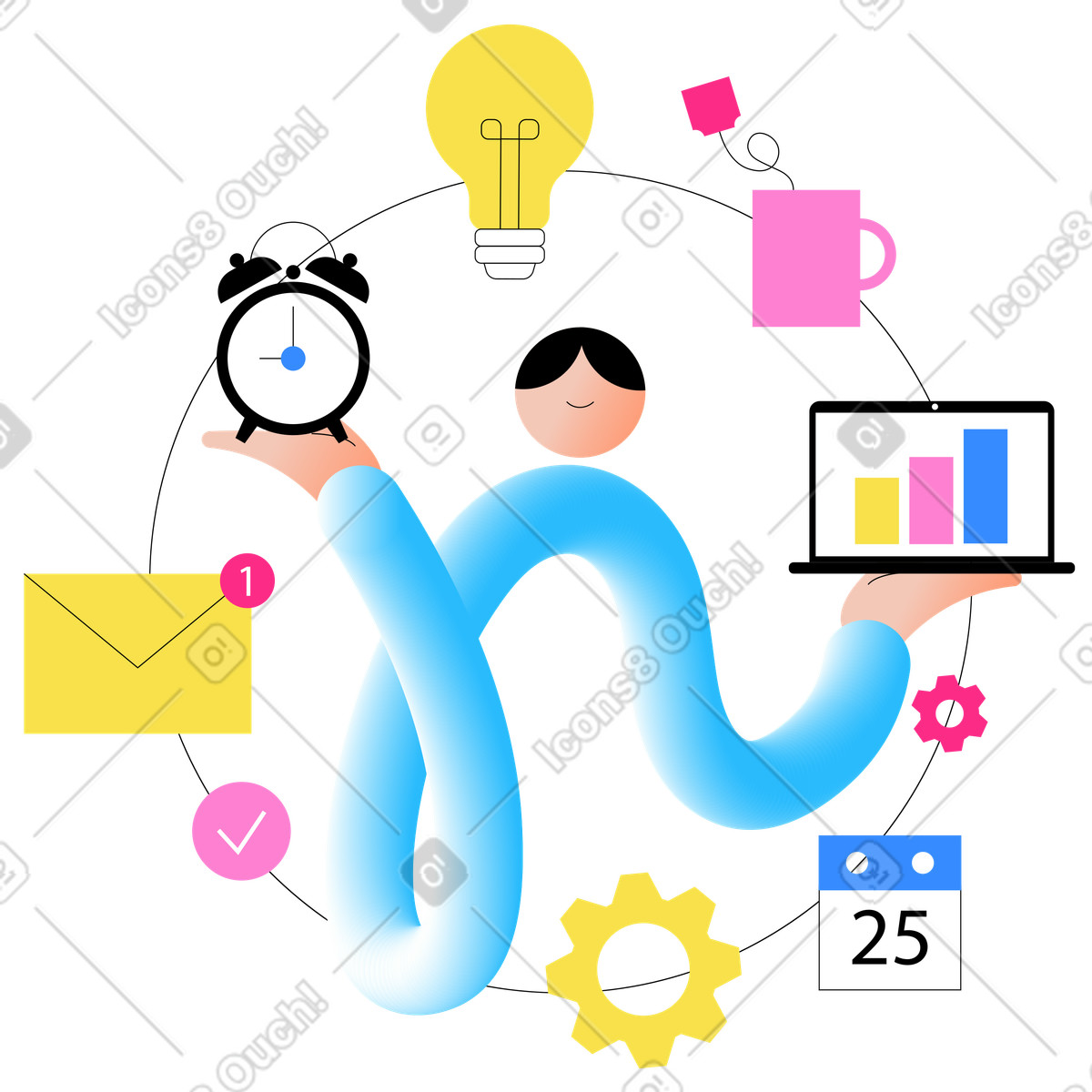 Effizienter mann im workflow-multitasking-Illustration Knotty-Stil als Download in PNG, SVG