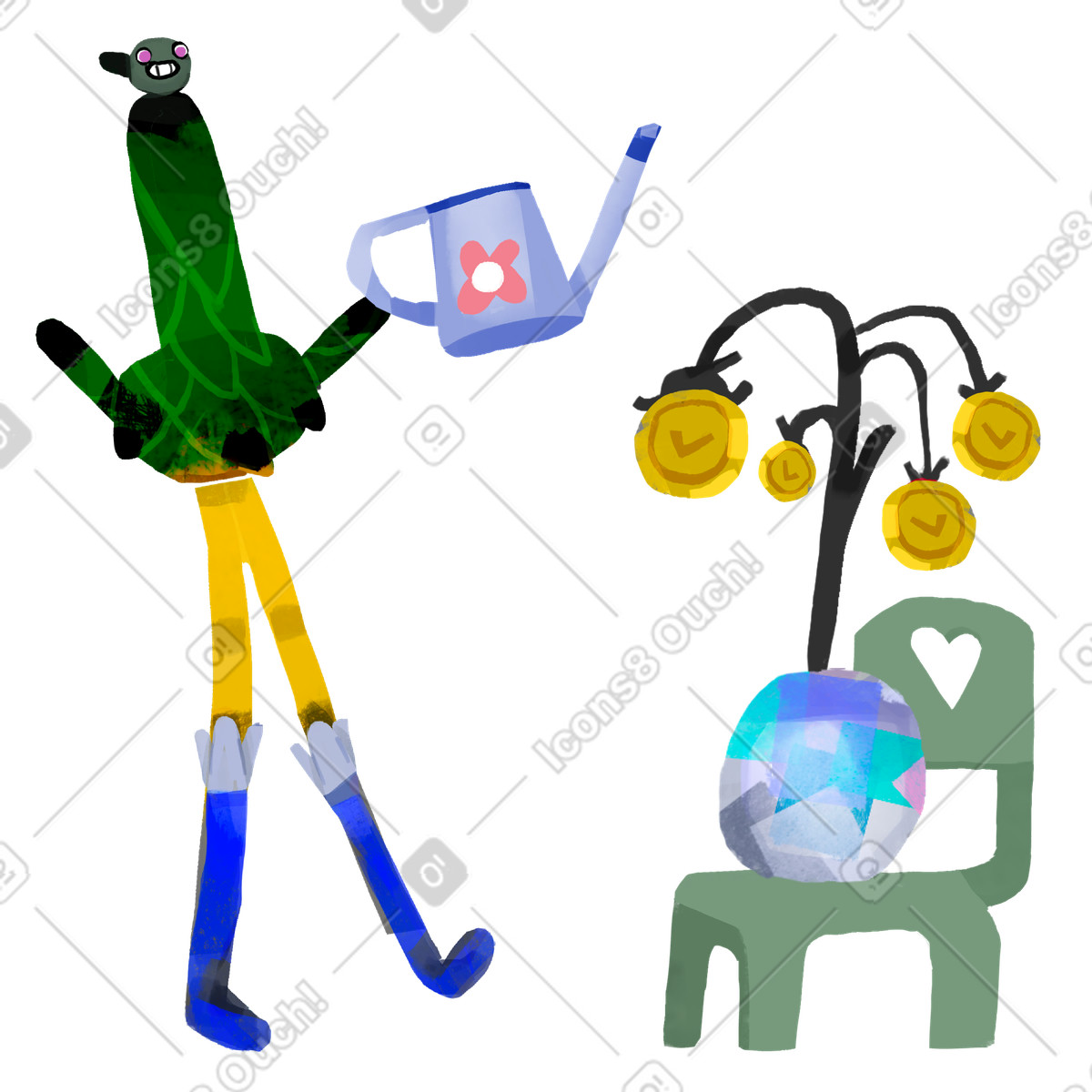 下载 Atomic 风格的 人物用不断增长的钱浇灌室内植物 插画，支持 PNG、SVG 格式