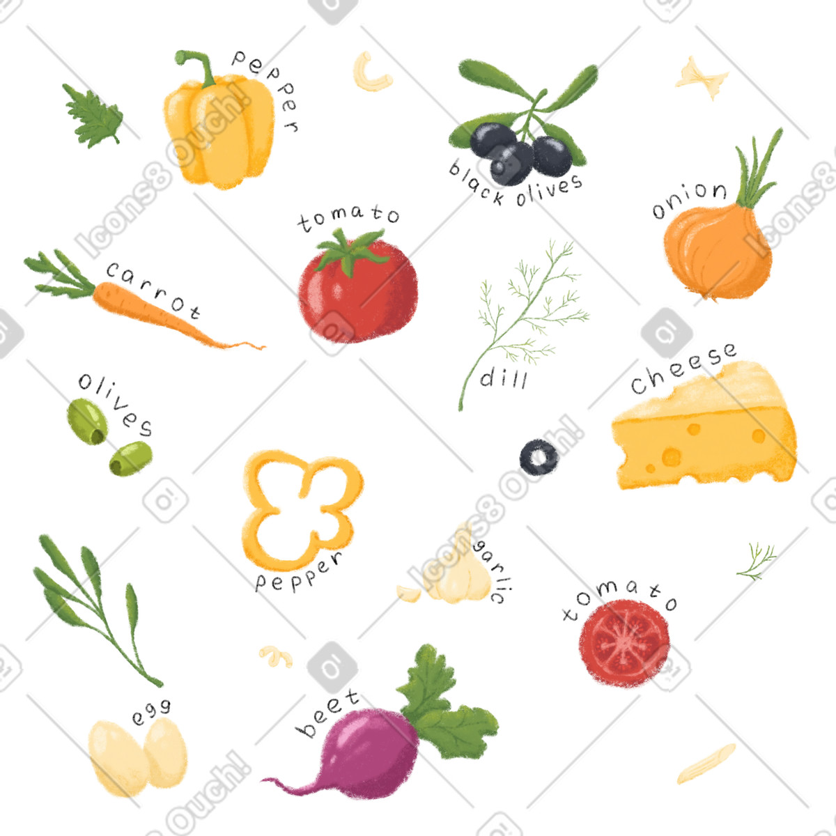 Ilustración Vegetable pattern, cooking ingredients en estilo Toscana a descargar en PNG y SVG
