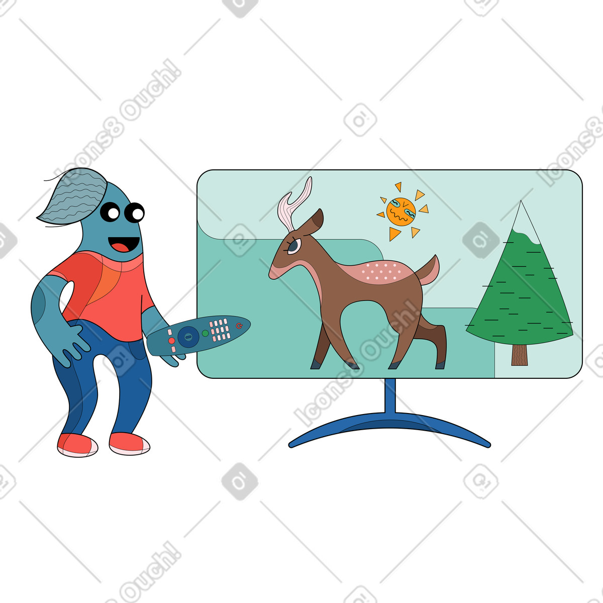 Character watching a tv channel about wildlife illustration in Surr style download in PNG, SVG