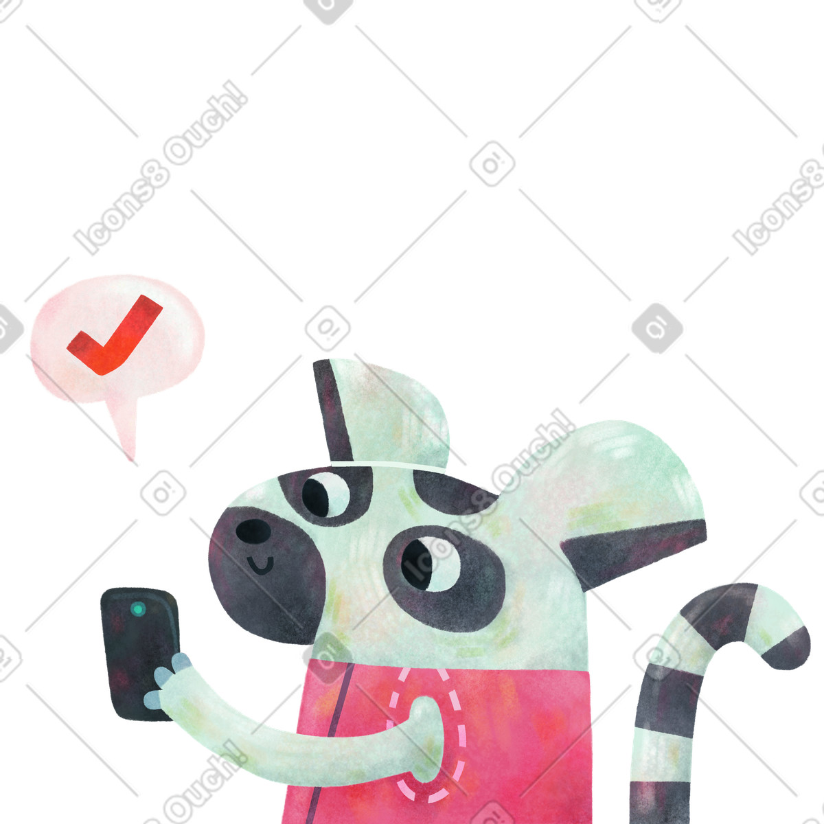 Cute lemur sending message on smartphone, Digital approval and delivery confirmation illustrazione in stile Jungle scarica in PNG, SVG