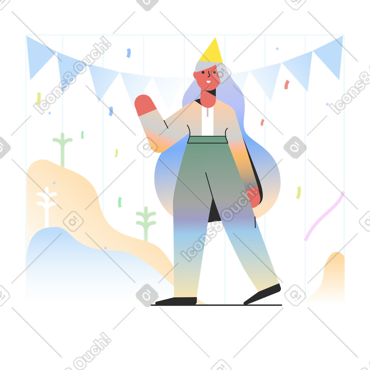 Woman in party hat waving hello illustration Marginalia style download PNG, SVG