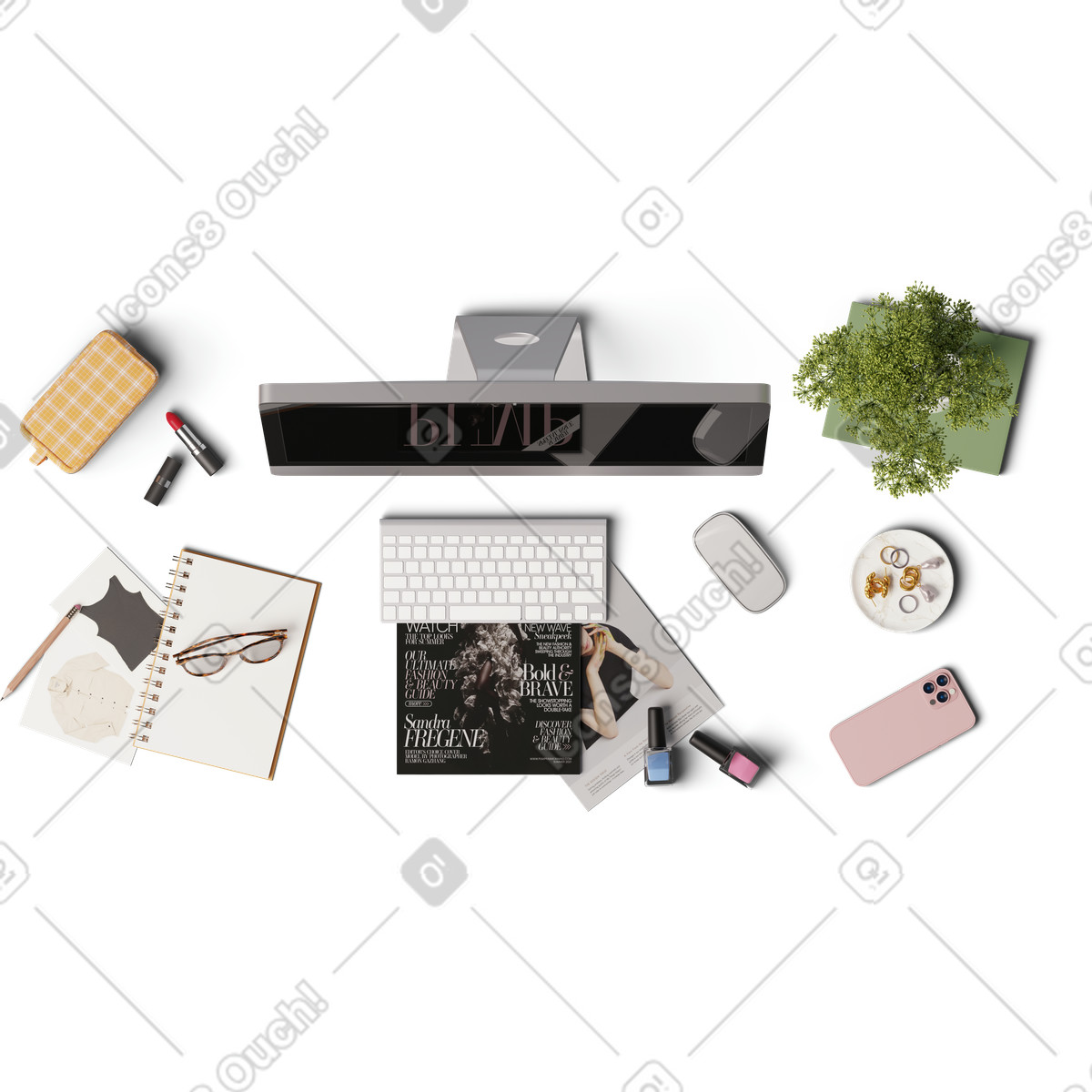Fashion magazines, makeup products, jewelry, mobile phone and computer illustration in 3D Hygge style download in PNG, SVG