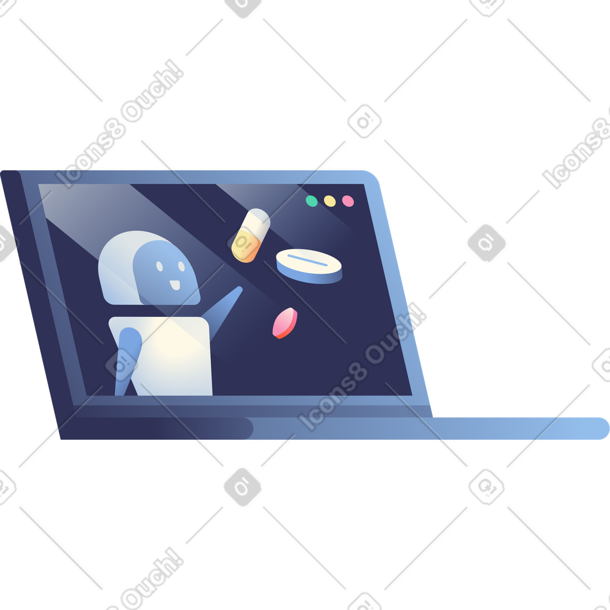 Ilustración Portátil con chatbot de ia que brinda asesoramiento. en estilo Beam a descargar en PNG y SVG