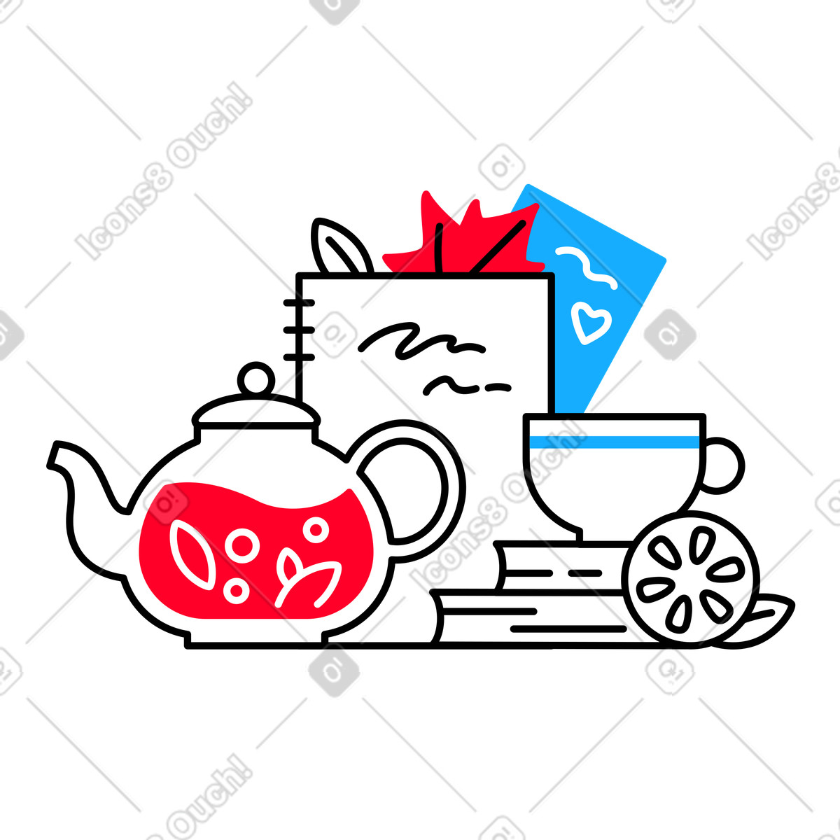Ilustração de Chá com limão, livros e folhas outono em no estilo Transistor para baixar em PNG, SVG