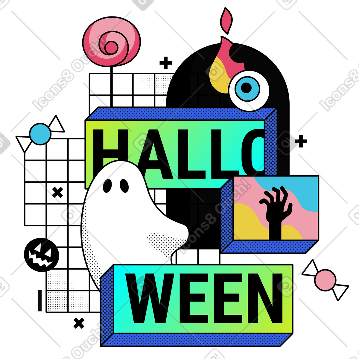 Halloween mit geist und augapfel animierte Illustration im Memphis-Stil als Download in GIF, Lottie (JSON), AE