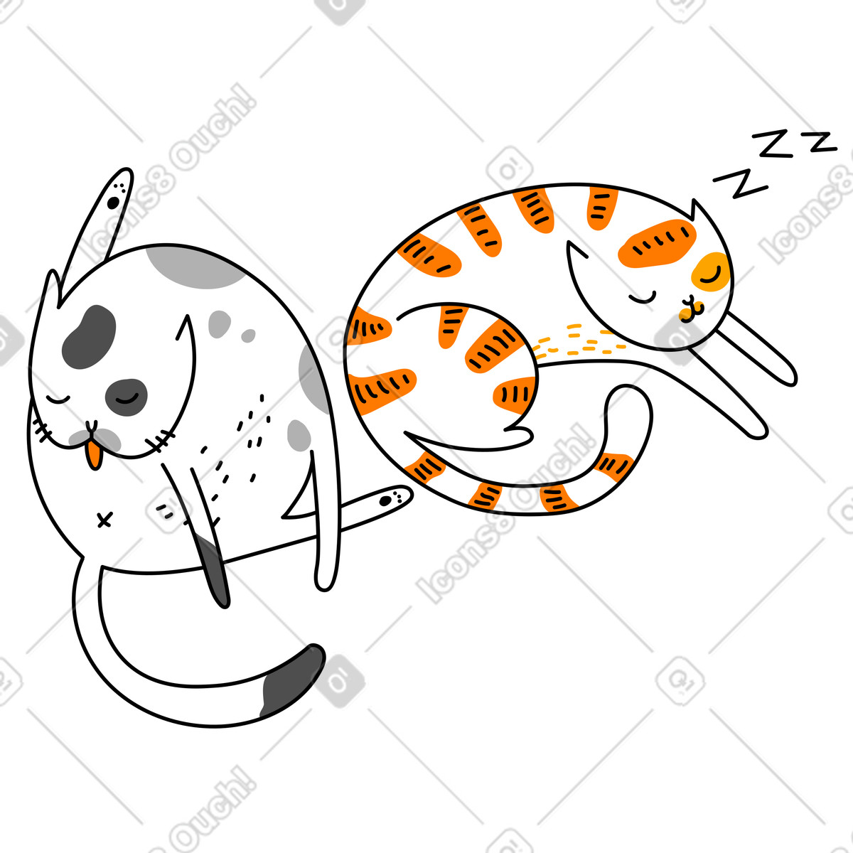 Ilustración animada Gato limpiándose junto al dormido en estilo Purr a descargar en GIF, Lottie (JSON), AE