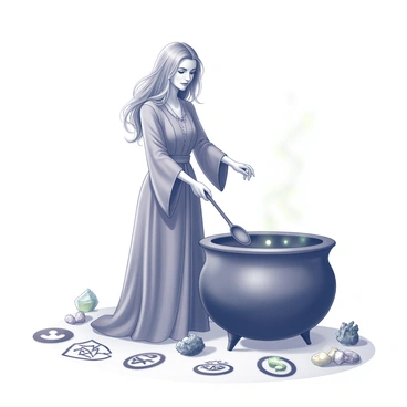 A witch stands beside a large, black cauldron. She is dressed in flowing robes that drape elegantly around her. Her hands are busy stirring the contents of the cauldron with a wooden spoon. Scattered around her are various magical ingredients, such as dried herbs, glowing crystals, and peculiar fungi. The witch's long hair flows down her back, and her expression is focused and intent on the potion. Various mystical symbols are etched into the ground beneath her, adding to the enchanting atmosphere of her potion-brewing scene.