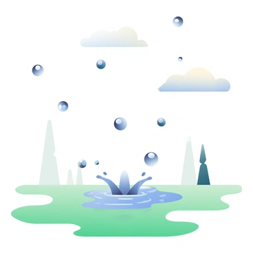 A surreal scene features metallic droplets falling from a cloudy sky. The droplets are reflective, catching the ambient light, and varying in size from tiny beads to larger spheres. Below, a landscape of green grass contrasts with the shiny surfaces of the droplets. In the distance, there are outlines of abstract trees with elongated trunks and unusual shapes. Some droplets are splashing as they hit the ground, creating ripples in puddles formed from previous falls. The overall atmosphere conveys a sense of wonder and curiosity.