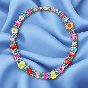 A sparkling necklace made of various colorful gemstones is laid out on a soft, deep blue velvet fabric. The necklace features a rich assortment of gemstones, including vibrant red rubies, deep green emeralds, bright blue sapphires, and radiant yellow citrines, each cut into intricate shapes that catch the light. The velvet fabric has a smooth texture, creating a luxurious backdrop that highlights the brilliance of the gemstones. The clasp of the necklace is visible, made of polished gold, adding an elegant touch to the overall display.