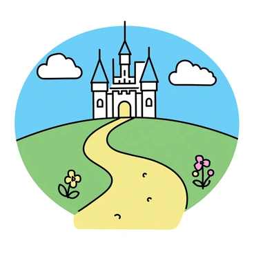 A yellow brick road winding through a green landscape, leading towards a large fairytale castle in the distance. The castle features tall spires and arched windows, surrounded by fluffy clouds in a clear blue sky. Flanking the road are small flower patches with colorful blooms, drawing the eye towards the majestic structure ahead. The overall scene is bright and inviting, suggesting adventure and wonder.