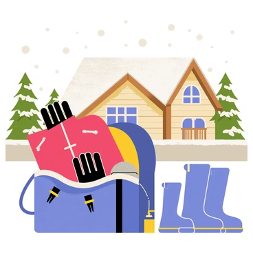 A heavy-duty travel bag made of durable material is sitting on a wooden porch in front of a snowy mountain lodge. The bag is partially unzipped, revealing contents such as a thick red jacket, a pair of black snow gloves, a knitted gray beanie, and a set of blue snow boots. Snow is gently falling in the background, covering the ground and the roof of the lodge. Pine trees with snow-covered branches surround the area, adding to the winter landscape.